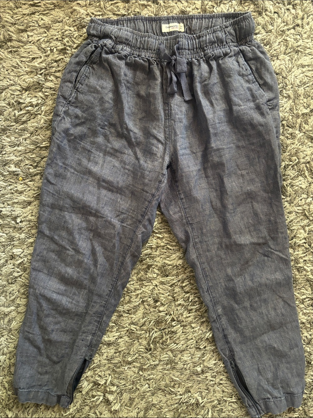 Linen Drawstring cropped Pants zipper at bottom. Charcoal Blue/Gray